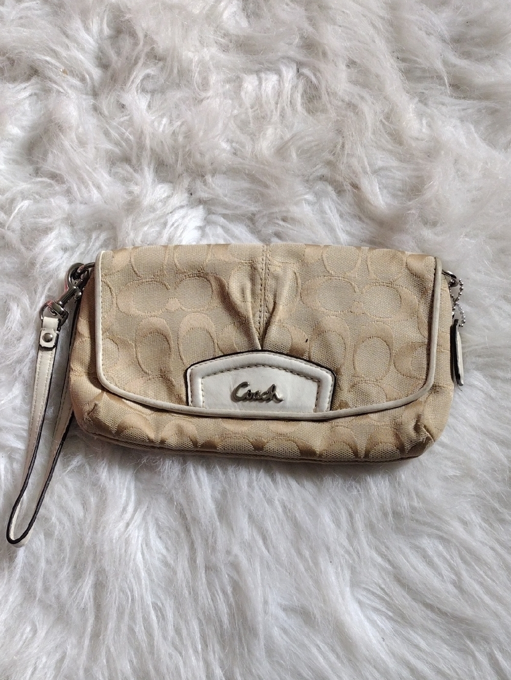 Coach Beige Signature Canvas Wristlet with White Trim Or Small Purse